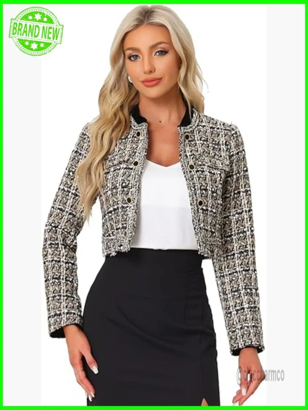 Vintage Suiting Blazer, Cropped Collarless, Plaid Tweed with Sequin Accents,